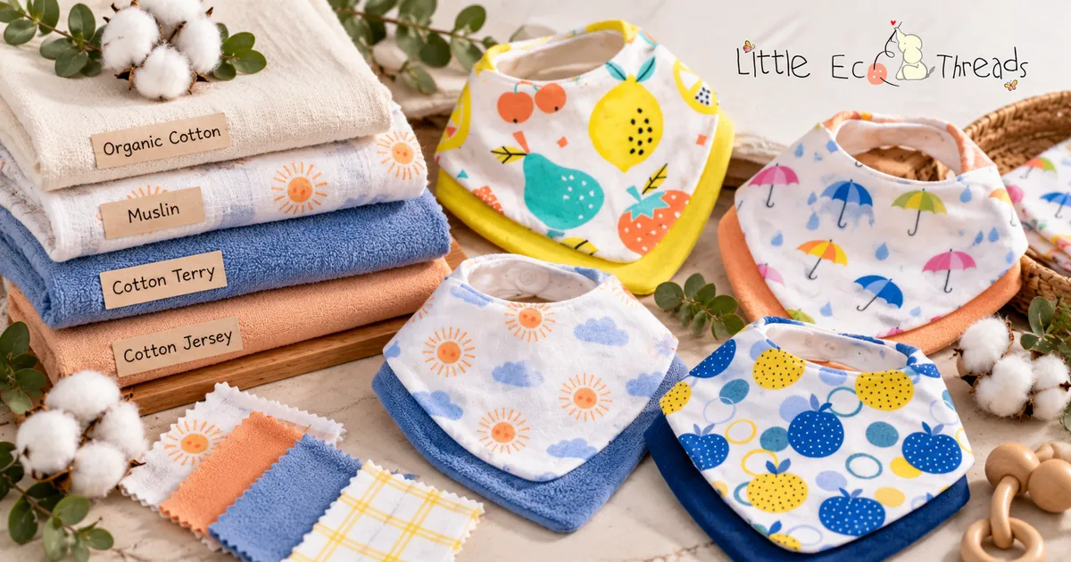 Baby bib fabric options including organic cotton, muslin, cotton terry and cotton jersey, shown with fabric swatches and finished printed bibs