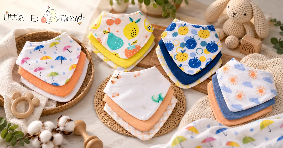 Collection of printed bandana baby bibs in umbrella, fruit and sunshine designs, stacked in coordinated sets by Little Eco Threads