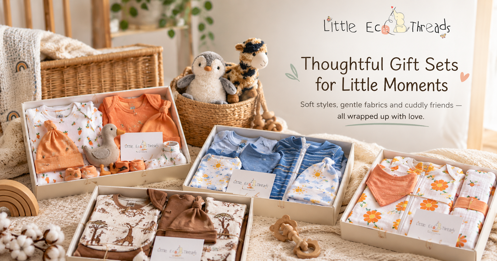 Baby Gift Sets with coordinated organic baby clothing, swaddles, bibs, soft toys, blankets and gift boxes