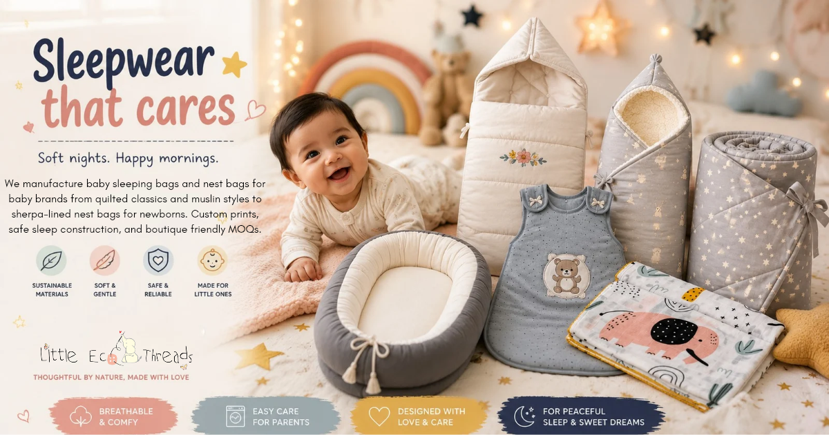 Baby sleepwear manufacturing for baby sleeping bags, nest bags, sleep sacks and soft infant sleepwear collections