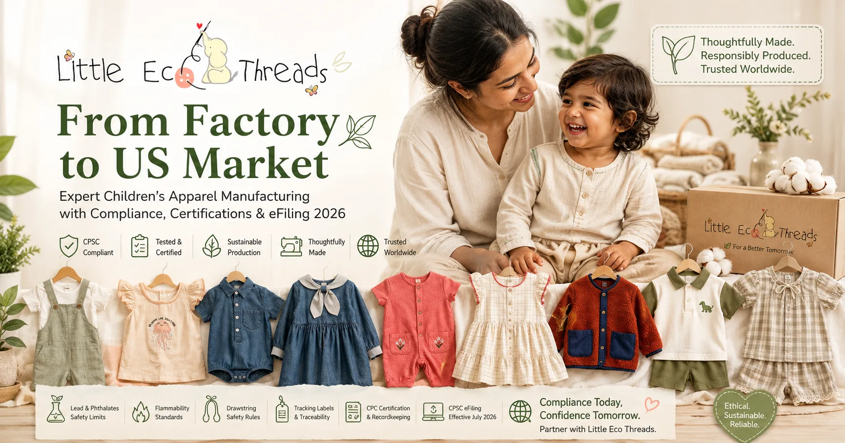 Children's apparel compliance for U.S. imports showing kidswear, testing, certification, tracking labels, and eFiling requirements