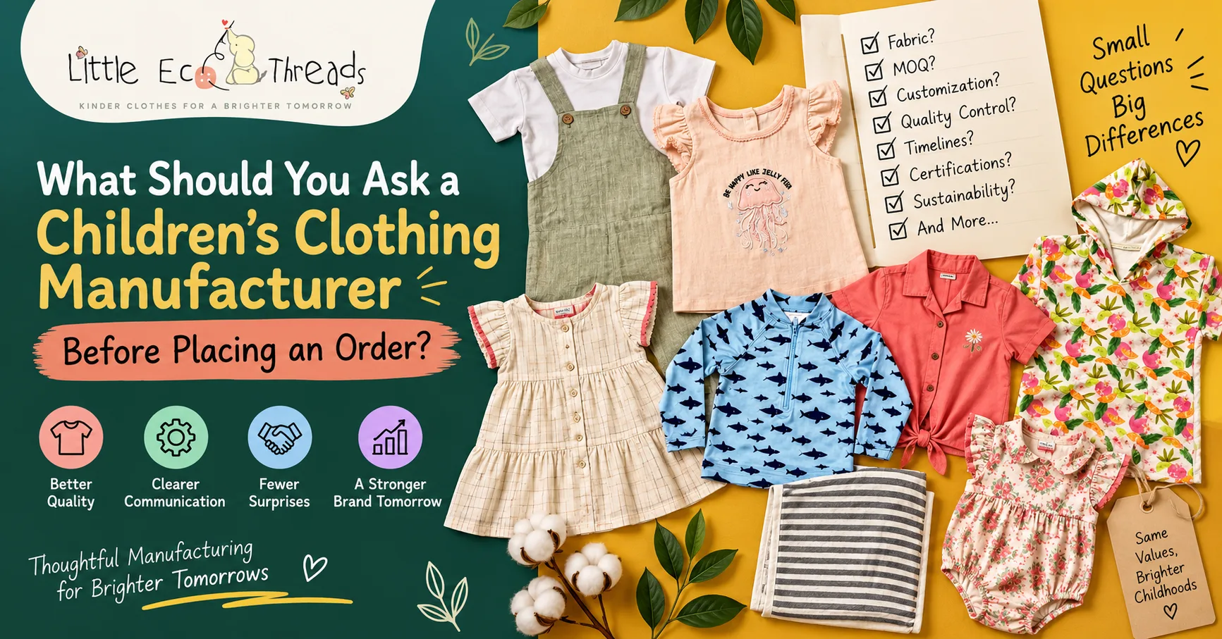 Children's clothing manufacturer question checklist with baby and kids garments, production planning notes, fabric, MOQ, customization, quality control, timelines, and certification prompts