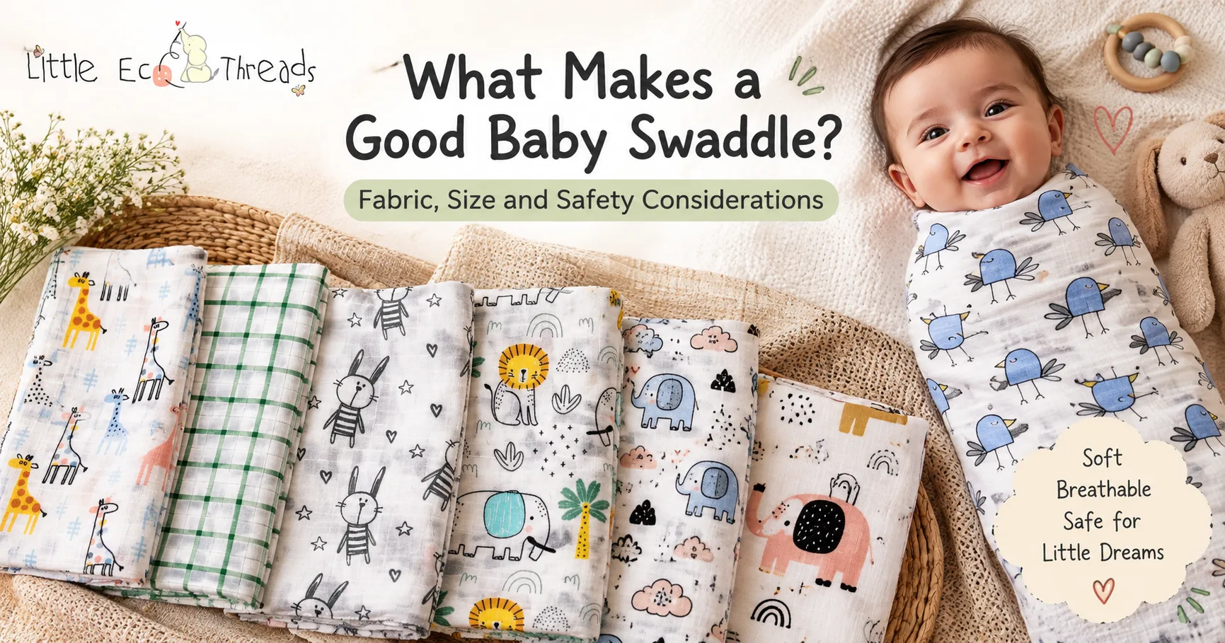 Baby swaddle blanket guide showing soft printed muslin swaddles, a wrapped newborn, and fabric, size, and safety considerations
