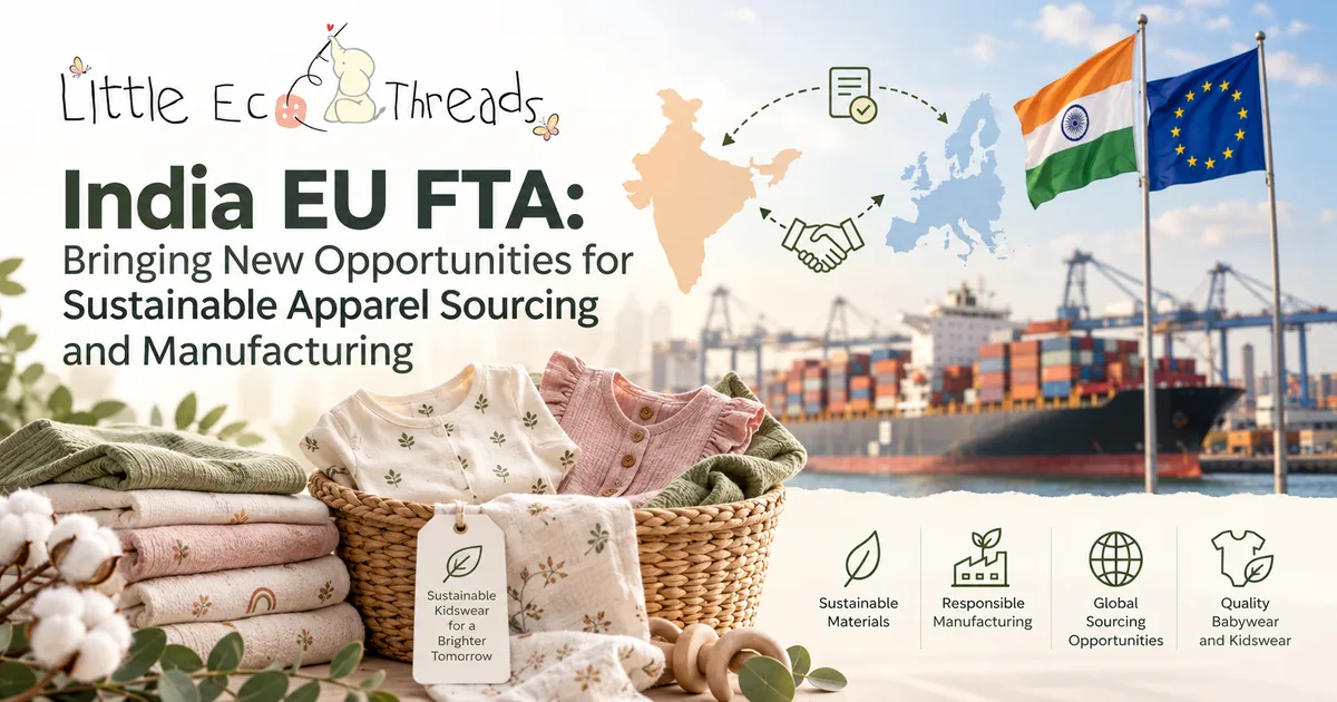 India EU FTA and sustainable apparel sourcing: babywear in a woven basket beside India and EU flags, a container ship and the Little Eco Threads logo