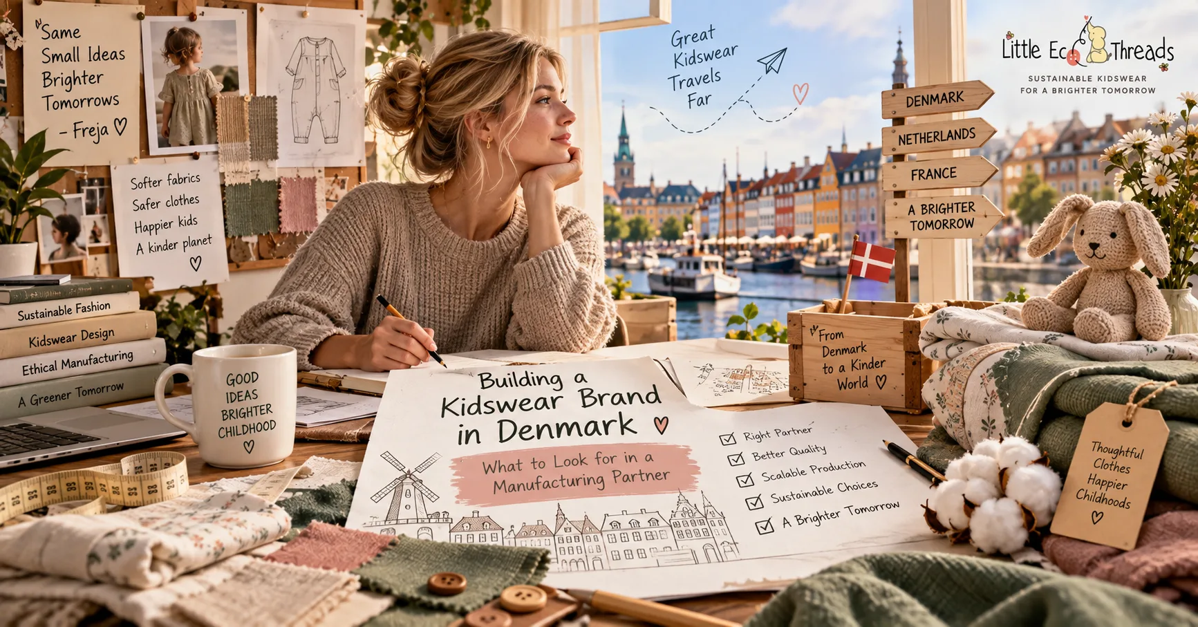 Illustrated kidswear production journey for a Danish kidswear brand