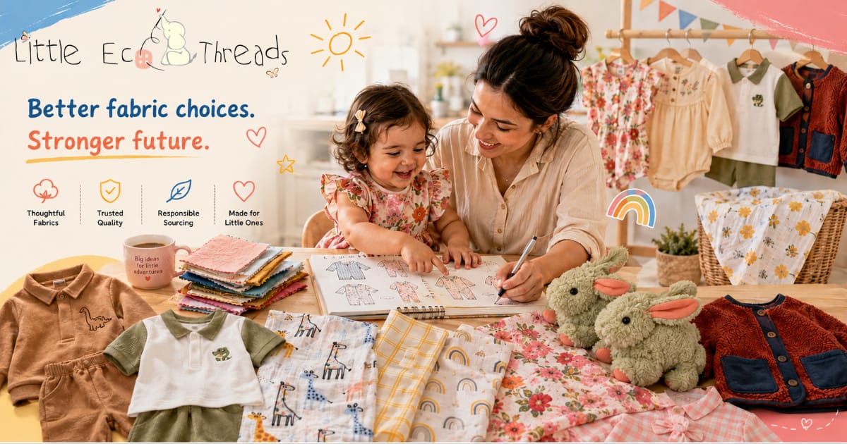 Kidswear manufacturer fabric selection table with organic cotton swatches, children's clothing samples, and responsible sourcing notes