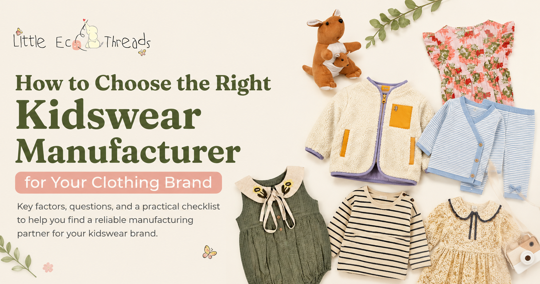 Kidswear manufacturer guide with organic baby and children's clothing samples, plush toy, and brand product development notes
