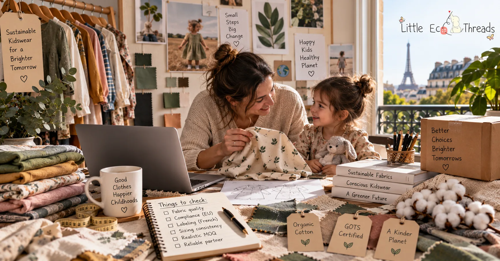 French kidswear brand reviewing sustainable fabrics, compliance notes, and sample garments in a Paris studio