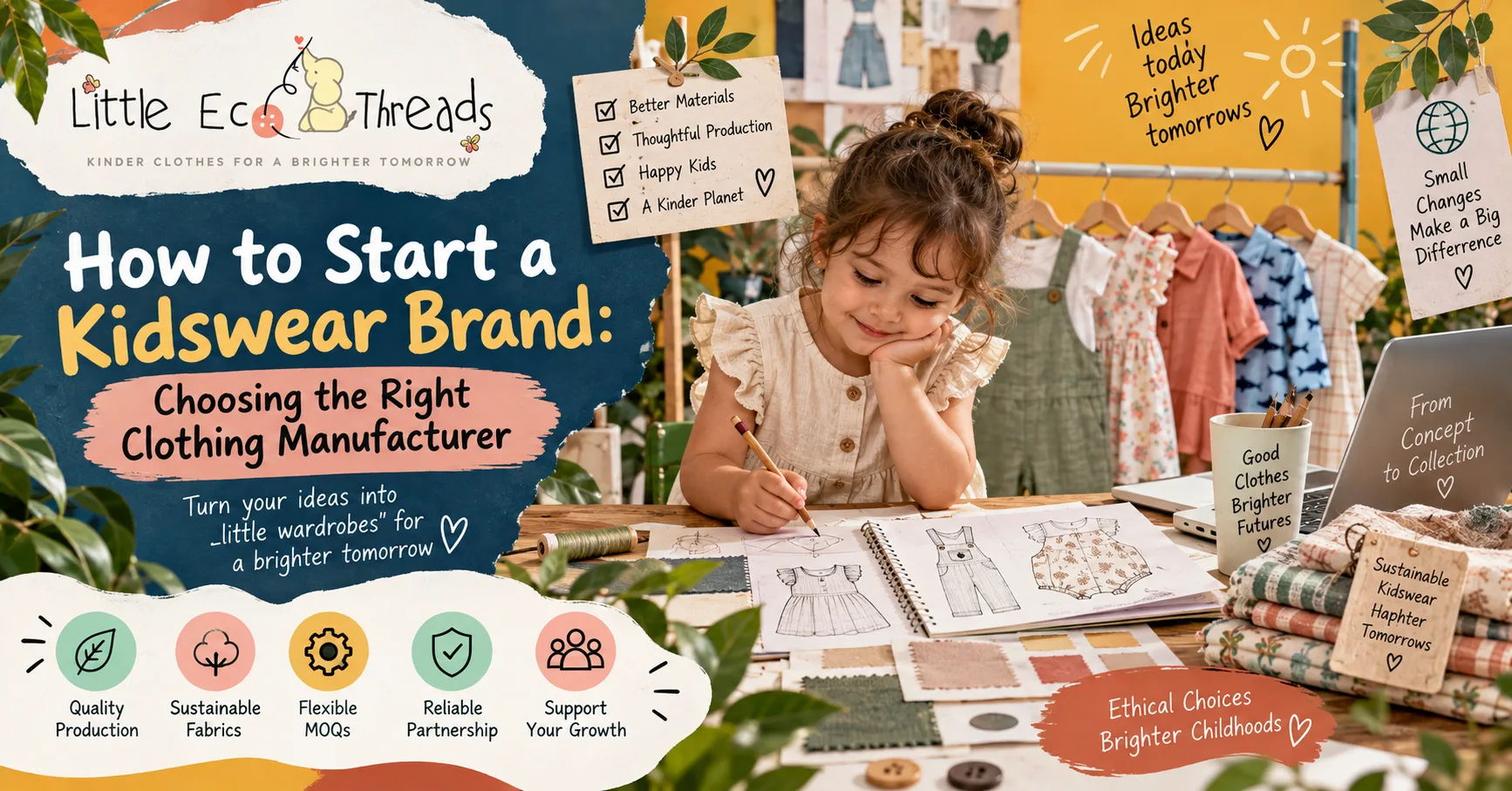 Founder planning a kidswear brand with children's clothing sketches, fabric swatches, and sustainable production notes