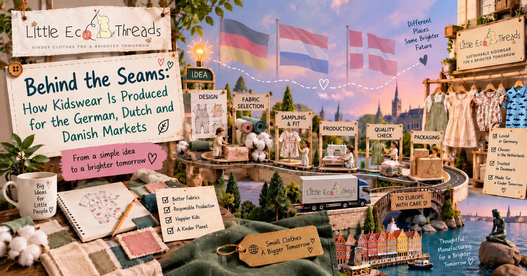 Kidswear production journey for Germany, the Netherlands, and Denmark, showing design, fabric selection, sampling, production, quality checks, and packaging