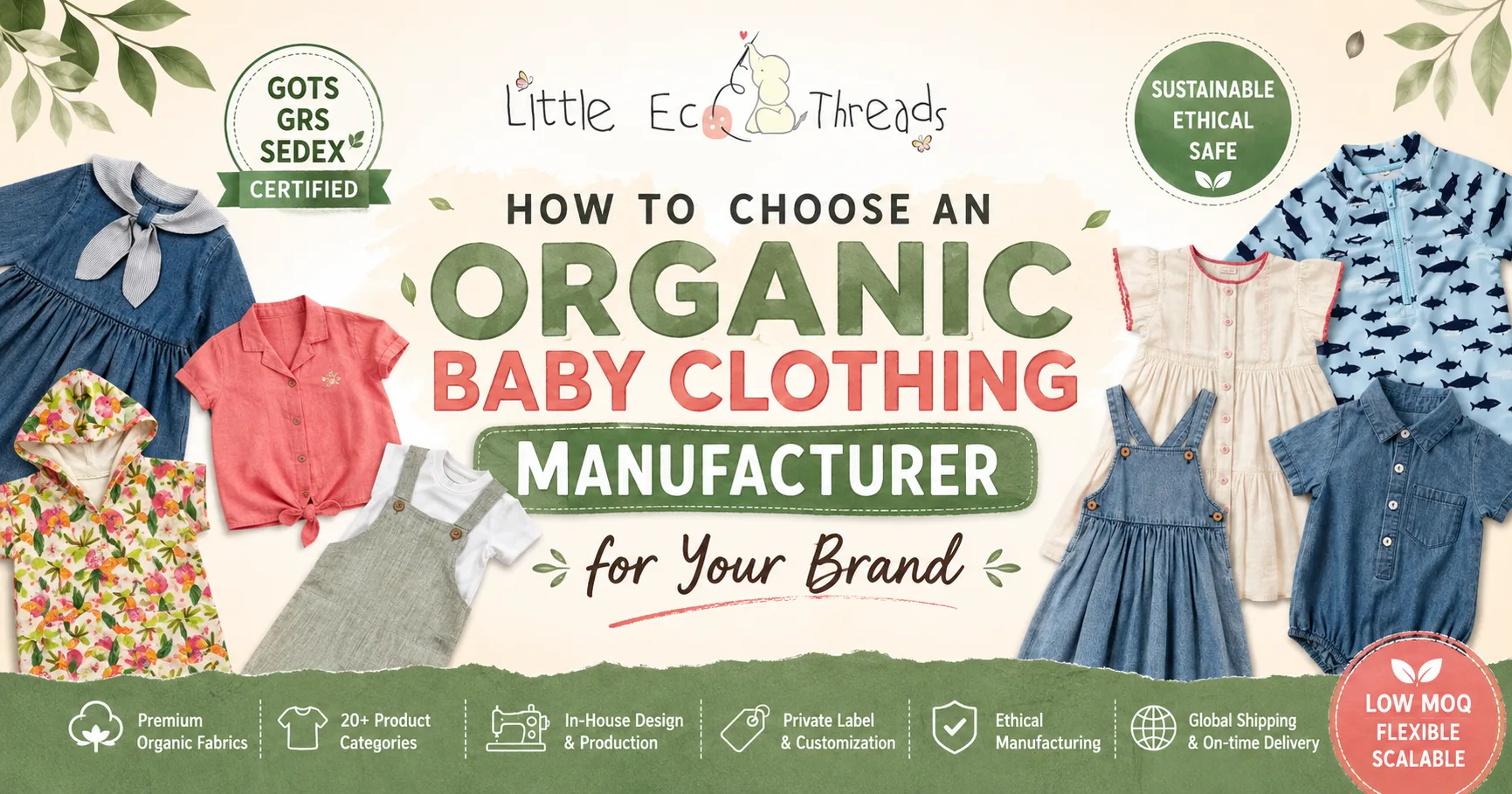 How to choose an organic baby clothing manufacturer with GOTS, GRS, Sedex, private label production, low MOQ, and babywear product categories