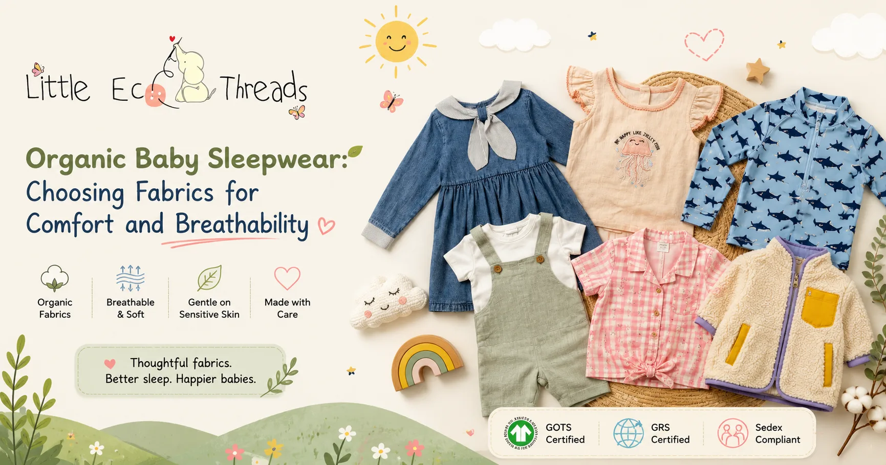Organic baby sleepwear fabrics with soft baby garments, breathable cotton textures, and sleep essentials