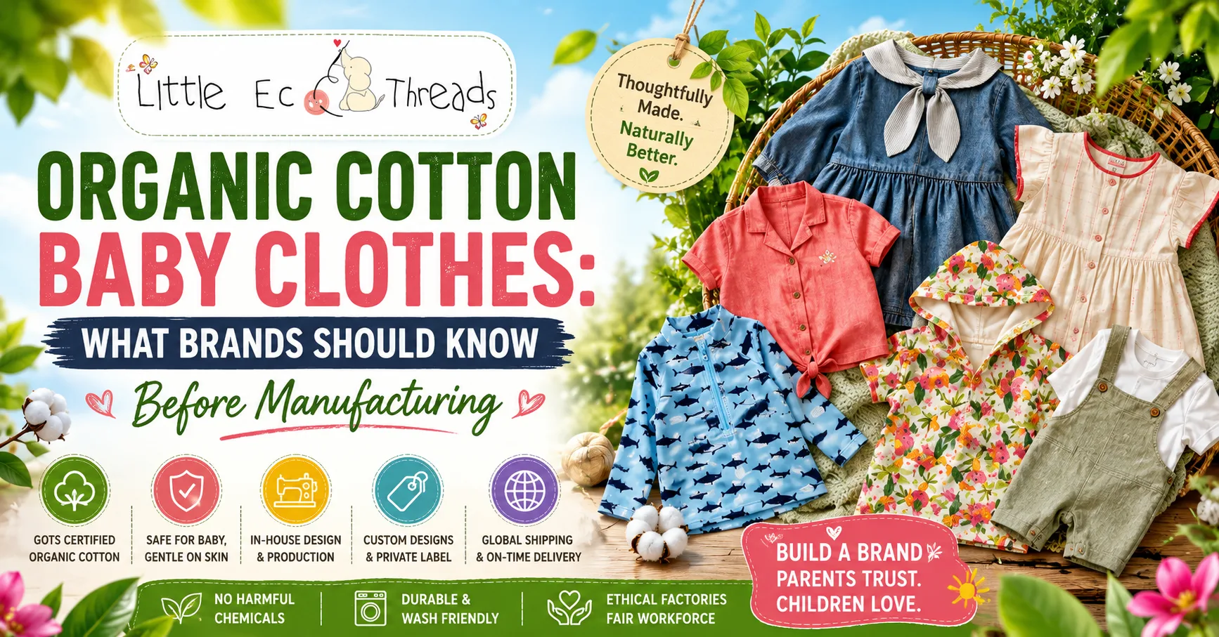 Organic baby and kidswear manufacturer display with organic cotton garments, babywear samples, certification badges, private label support, and flexible MOQ messaging