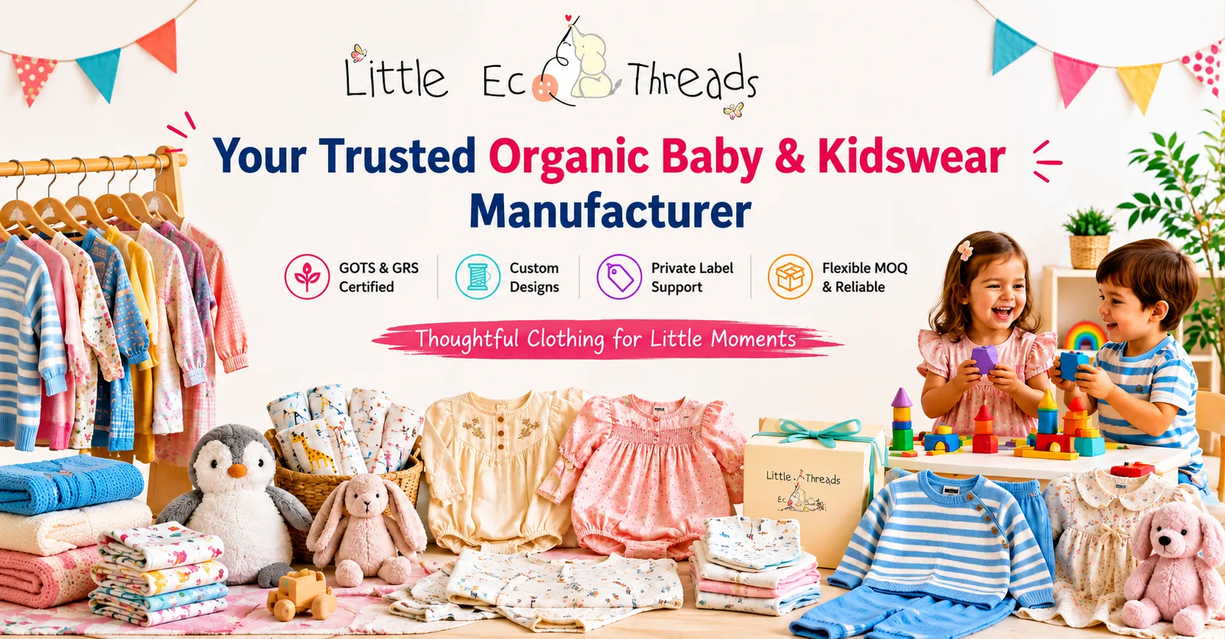 Organic baby and kidswear manufacturer display with clothing, swaddles, gift packaging, certification callouts, and flexible MOQ messaging
