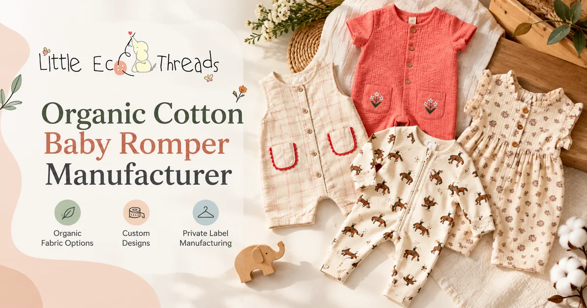 Little Eco Threads banner showing four baby rompers in checked, textured coral, horse-print and floral cotton fabrics beside the words Organic Cotton Baby Romper Manufacturer