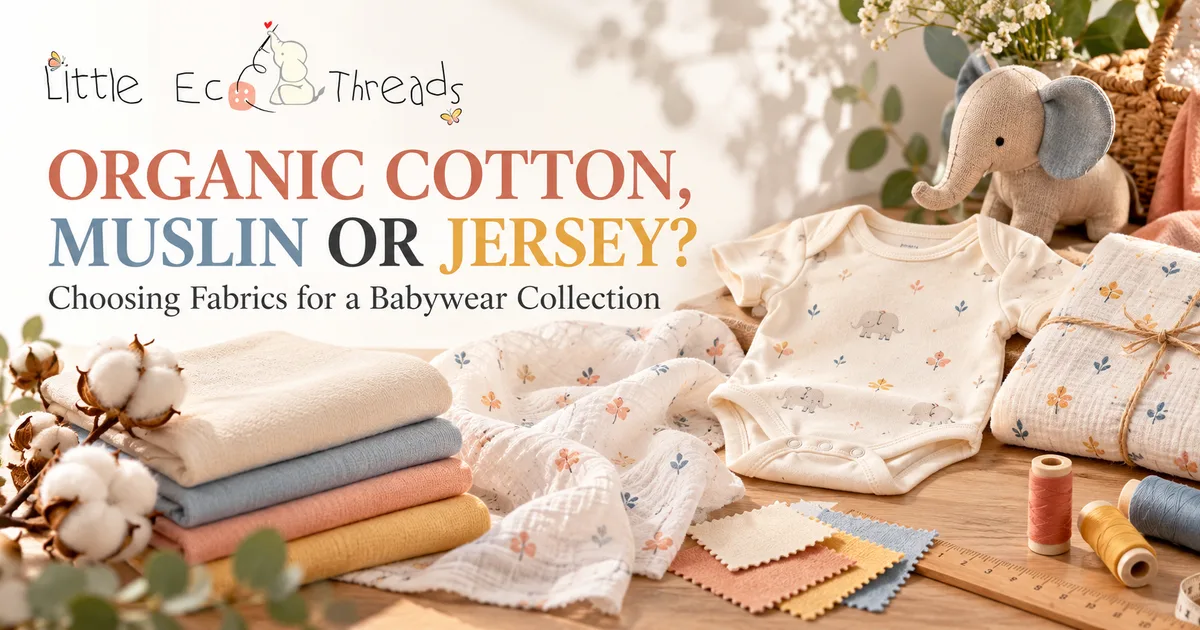 Folded muslin swaddle beside a cotton jersey bodysuit and organic cotton fabric swatches on a sampling table