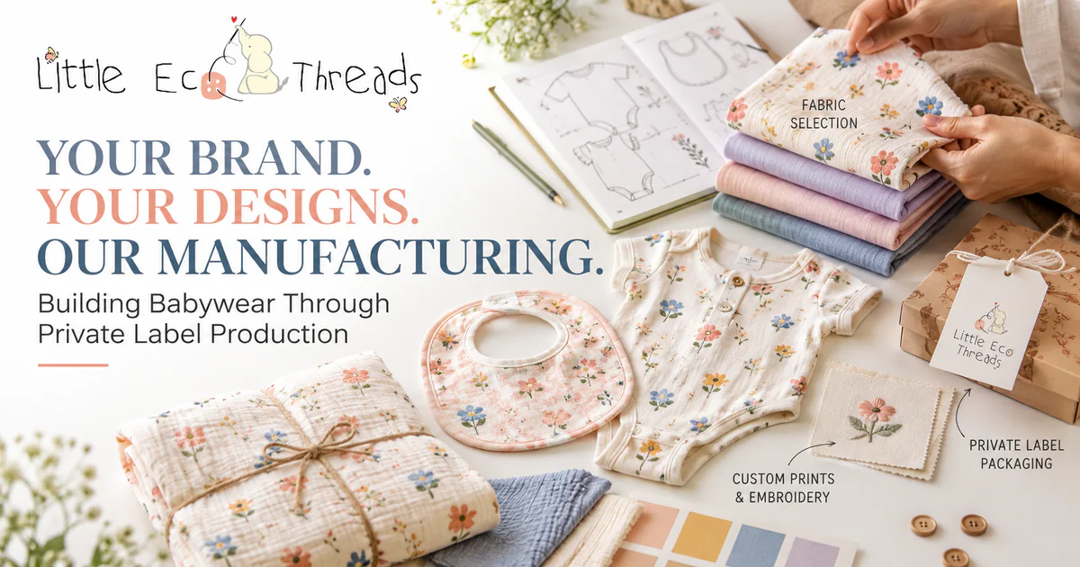 Little Eco Threads banner for Your Brand, Your Designs, Our Manufacturing, showing floral printed baby bodysuit, bib and muslin swaddle beside design sketches, folded fabric swatches, an embroidered flower and branded private label packaging