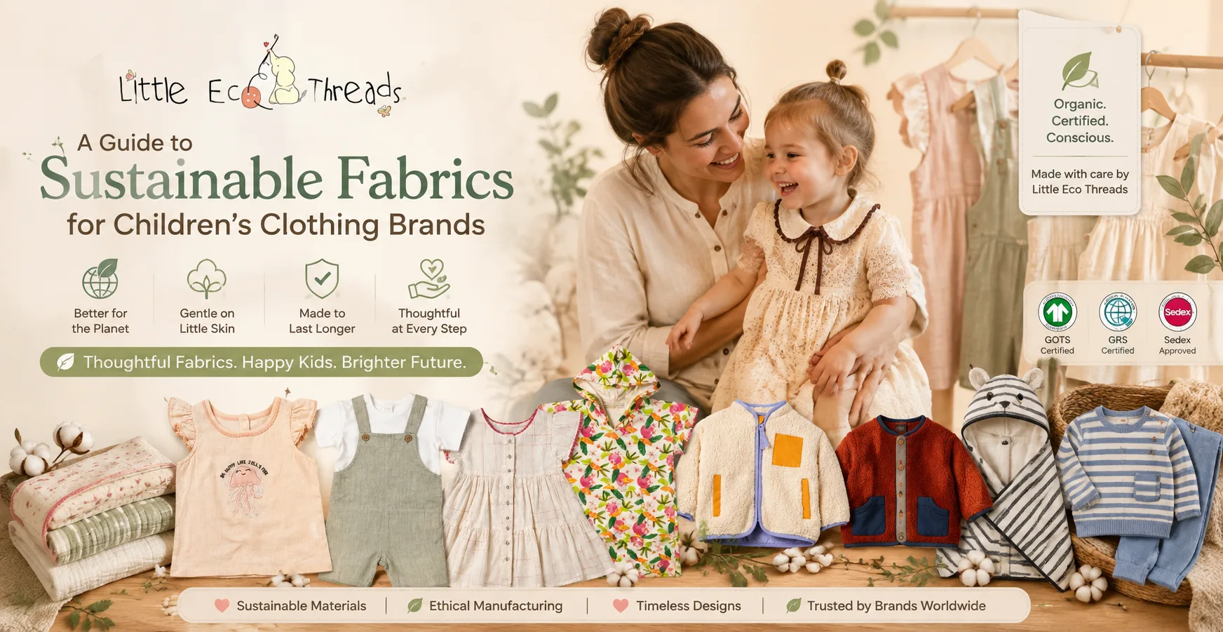 Mother and child with a sustainable children's clothing collection and certified fabric icons