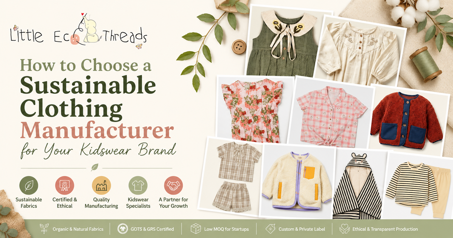 Sustainable clothing manufacturer guide for kidswear brands with organic garments, GOTS and GRS certification icons, and private label production details