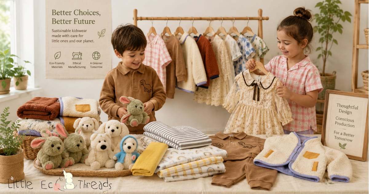 Sustainable kidswear manufacturing display with children's clothing, soft toys, nursery textiles, and eco-conscious brand signage