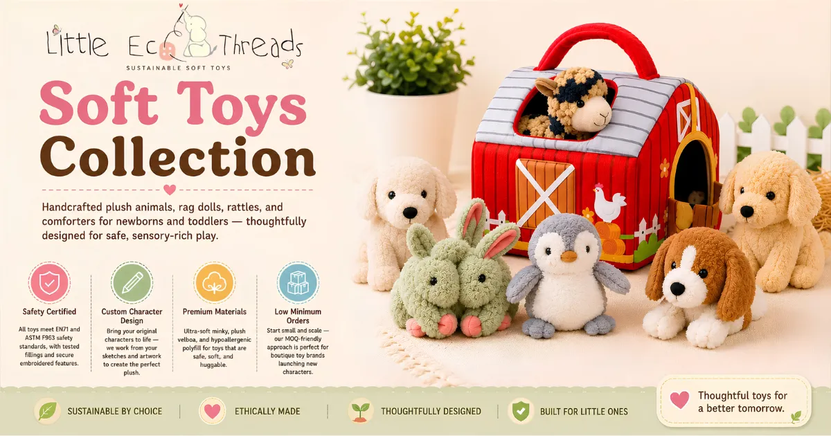 Sustainable soft toys from a baby brand's expanding portfolio: organic, safety-certified plush toys alongside apparel and nursery essentials