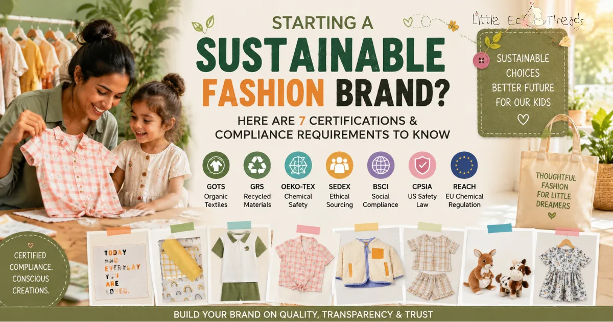 Textile Certification guide for sustainable fashion and kidswear brands showing GOTS, GRS, OEKO-TEX, Sedex, BSCI, CPSIA, and REACH icons with children's clothing samples