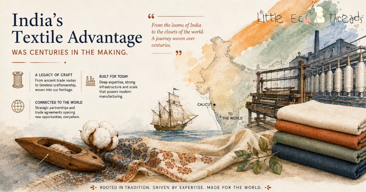 Illustrated map of India's textile manufacturing advantage with cotton, calico, weaving, factory machinery, and global trade routes