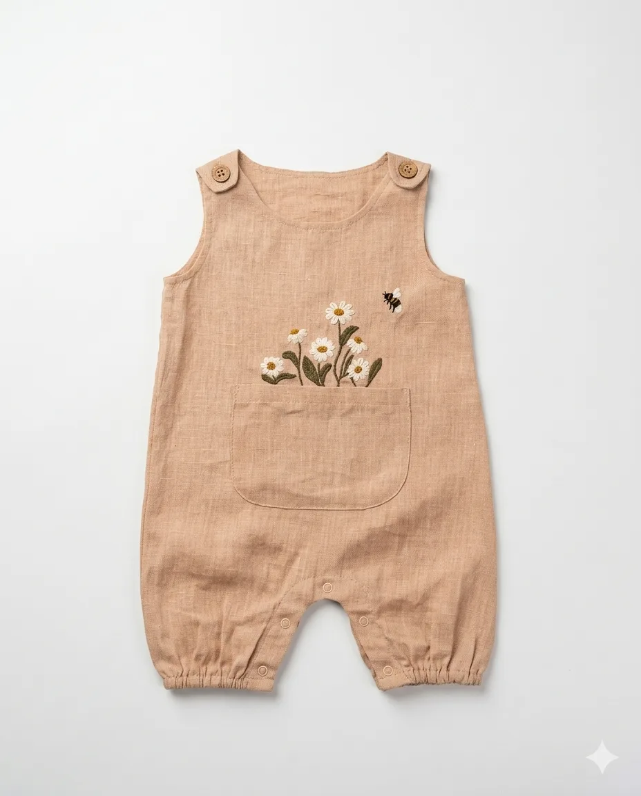 Daisy Embroidered Linen Overalls
