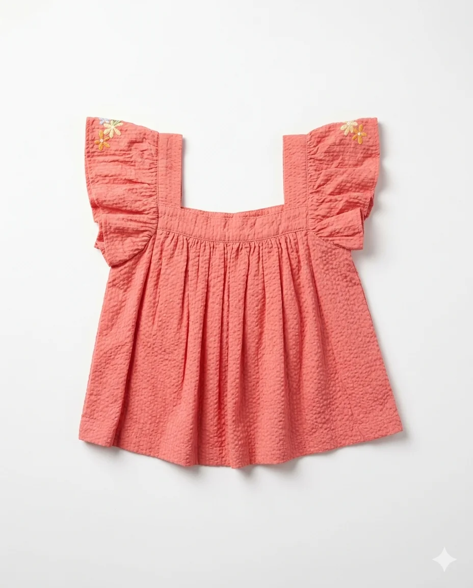 Coral Seersucker Flutter Top