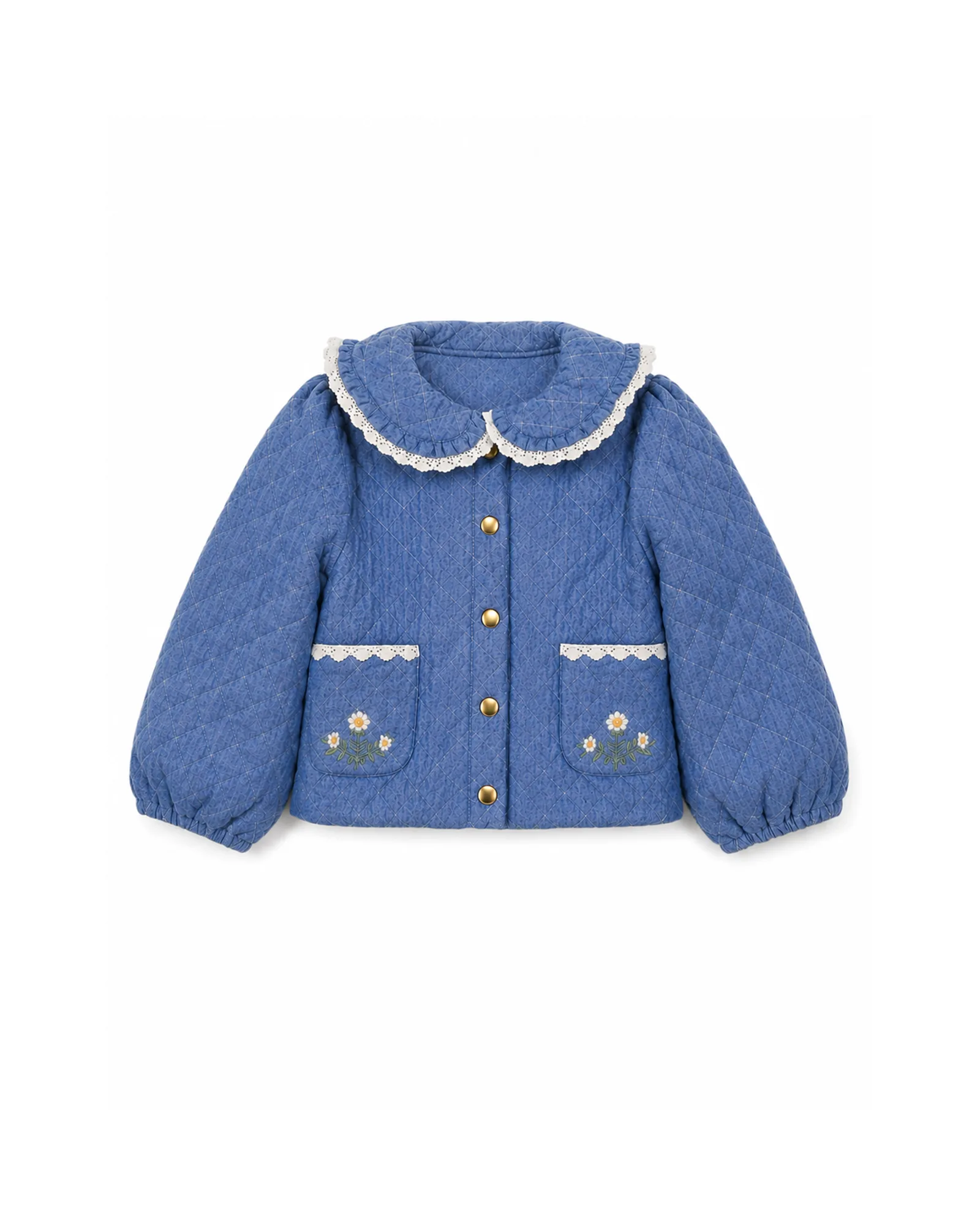 Blue Quilted Floral Collar Jacket